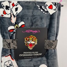 Ed Hardy Printed Plush Oversized Throw Blanket Grey Tattoo Skull Tiger 60x70 NEW