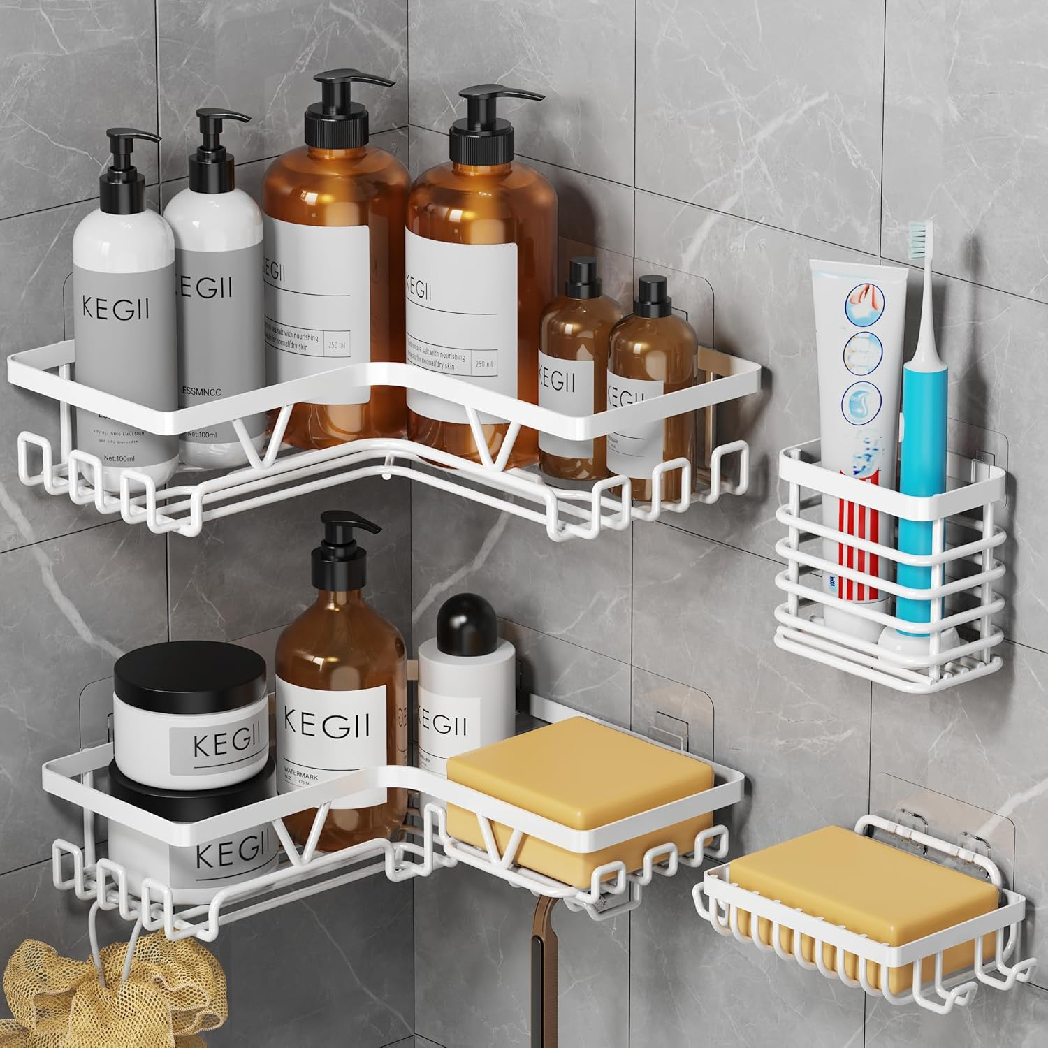White Corner Shower Caddy Set - 2-Tier Self-Adhesive Shower Organiser with Soap