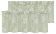 2 White Floral Sage Green Lace Valances-Rod Pocket Half Window Sheer Curtains