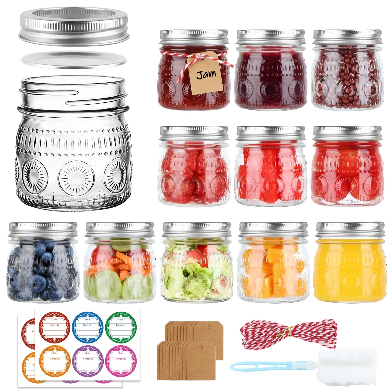 PINIWON Vintage Mason Jars 8 oz with Lids and Bands, 12 Pack Regular Mouth Ha...