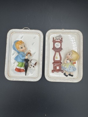 3-D Set Of (2) Kitschy Handpainted Wall Decor Japan Boy/Dog Girl/Mouse Rare