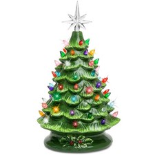 Ceramic Green Tabletop Pre-Lit Hand Painted Mini Christmas Tree Decoration