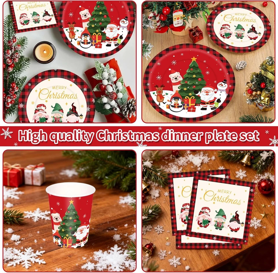 175 PIEZAS Platos y Servilletas Grandes de Papel de Navidad Sirven 25, Rojo Desechable Cena Foto 3 de 4