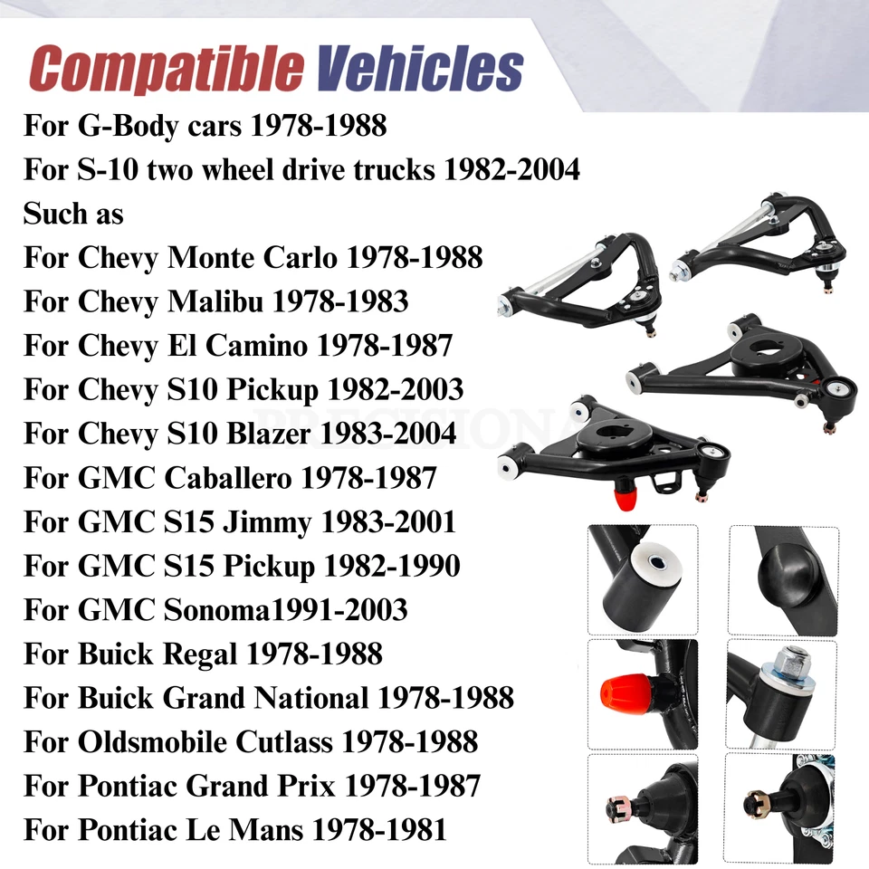 For Chevrolet Malibu&S10 1978-1983 G-Body Tubular Control Arms Upper & Lower Kit Foto 2 de 4