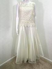 Vtg 1990s Sz M Ivory Fit  Flare Tea Length Dress Wedding Bridal Organza Lace