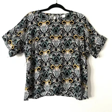 H&M Petrol Blue Safran Navy Short Sleeve Blouse Top Women’s Sz 10 Boho Fast Ship