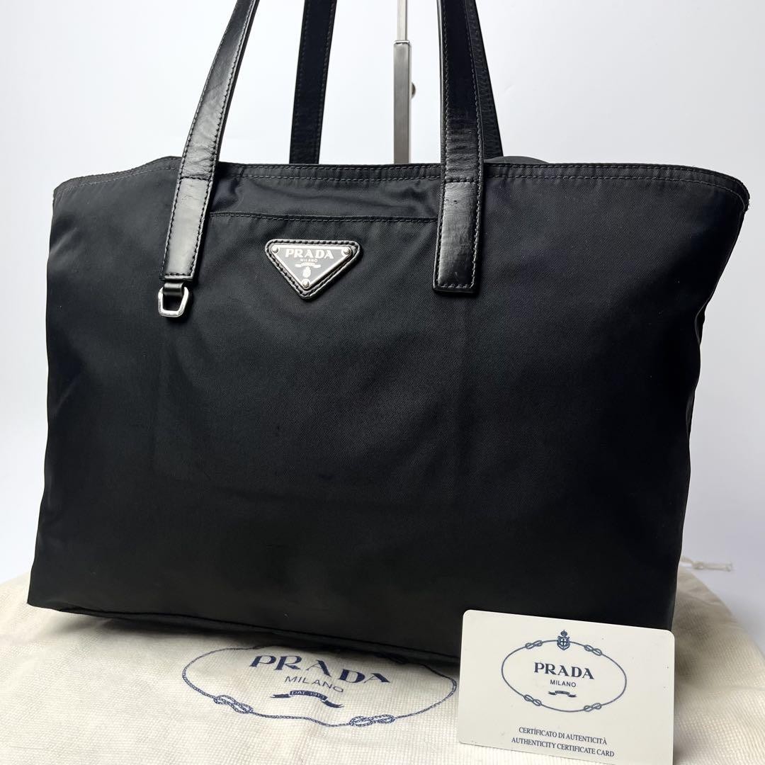 Prada Black Nylon Leather Tote Bag with Triangular Logo A4 Size Unisex