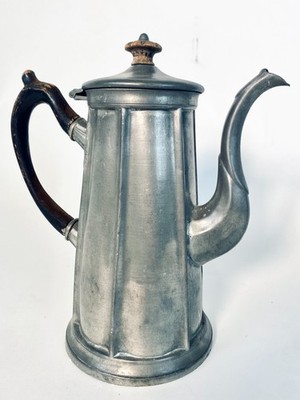 Antique Eduard Hueck German Pewter Coffee Pot - Hand-Etched 1817 - Wood Handle