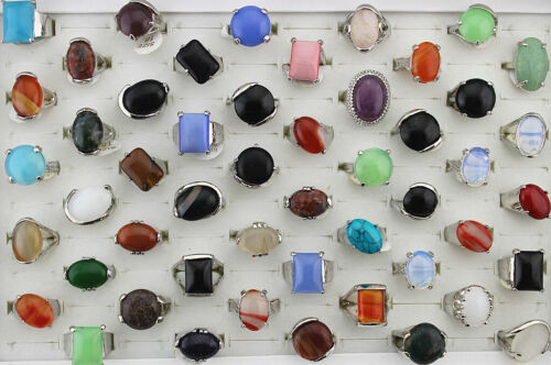 35pcs Wholesale Lots Mixed Color Big Natural Stone Jewelry Womens Silver P Rings - Picture 1 of 7
