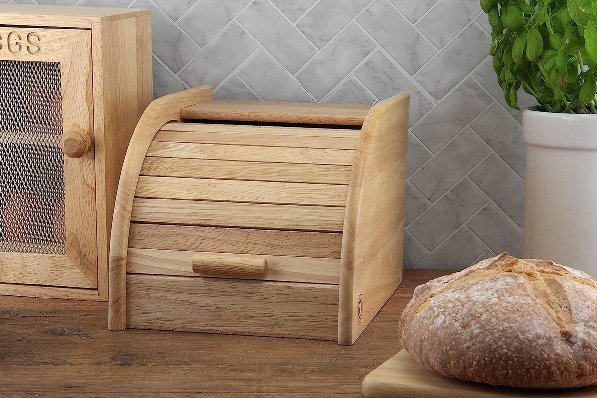 Mini Rubberwood Roll Top Wooden Bread Bin Kitchen Top Food