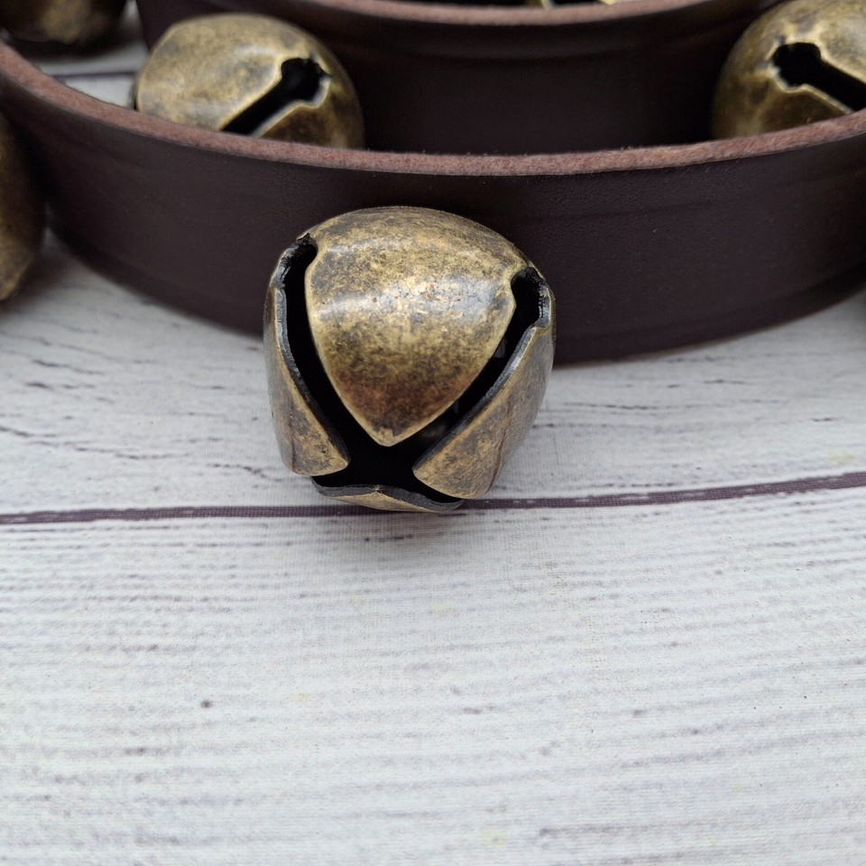 20-Bell Sleigh Bells, Antiqued Brass Bells Dark Brown Leather Strap ...