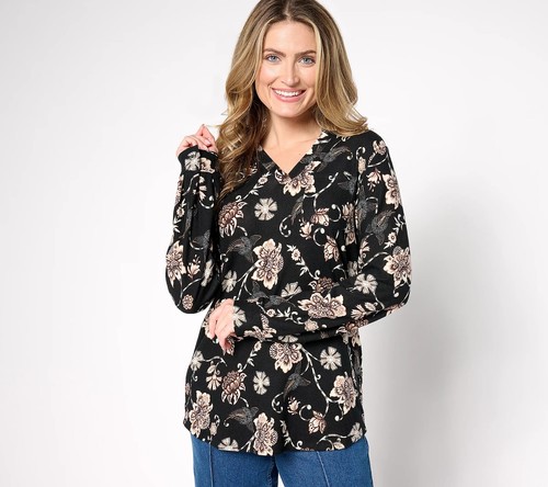 Denim & Co. Heavenly Jersey Split Neck Long Slv Knit Top-Black Floral-2X-A678855