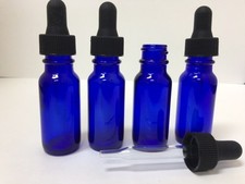 4 COBALT BLUE 1/2oz GLASS BOSTON ROUND BOTTLES WITH GLASS DROPPERS 15ML