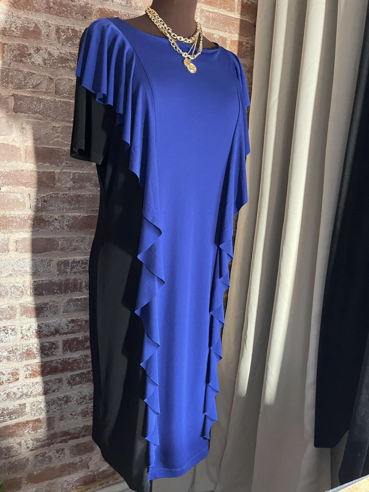 Vestido midi sin mangas mediano Simonton Says George Simonton azul negro elástico con volantes Foto 4 de 4