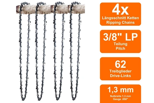 4 Längsschnitt Sägeketten passend für Einhell GC-PC 1435 | 45cm 3/8LP 62TG 1,3mm