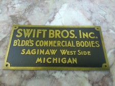 Vintage Swift Bros Inc Metal Tag Saginaw Michigan Bldrs Commercial Bodies Label
