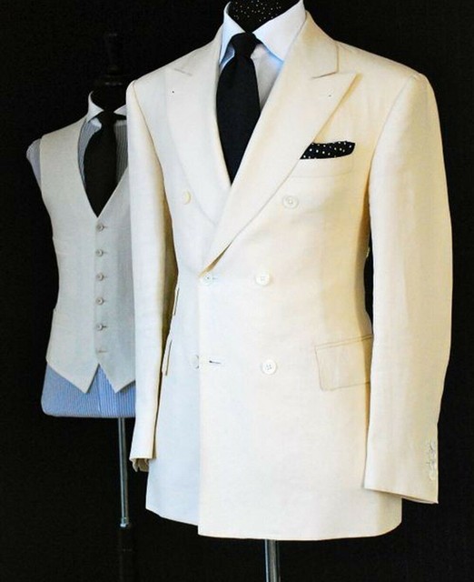 Ivory Cream Men's Linen Tuxedos Doublebreasted Groom Wedding 3 Pieces Suits eBay