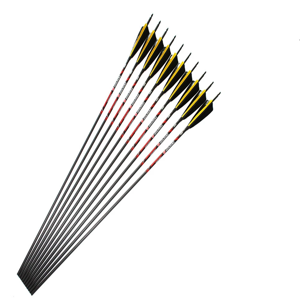 12pcs 32" Carbon Arrows 250-600spine ID6.2mm 5" Turkey Feather Traditional Bow - Image 2 of 4