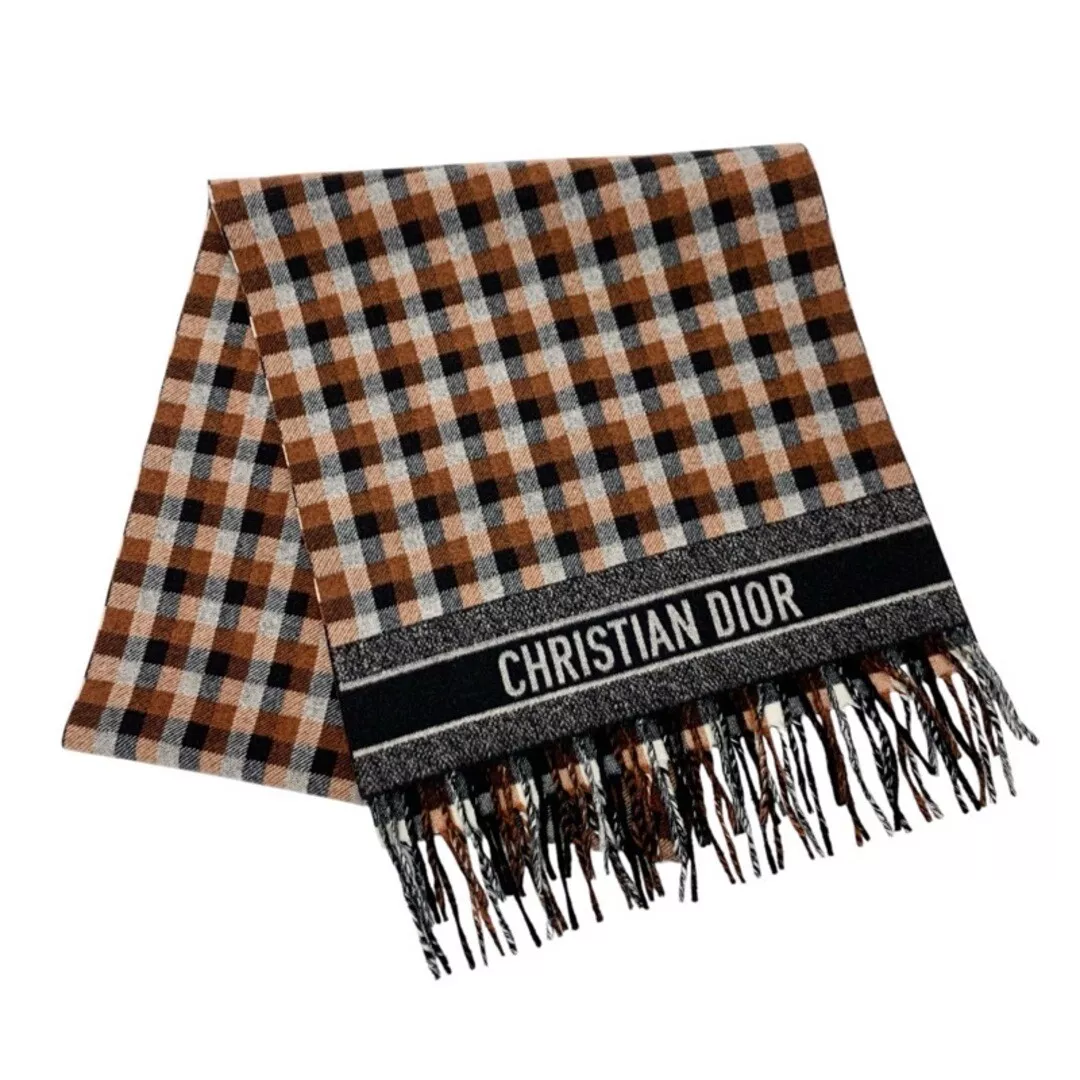 CHRISTIAN DIOR LAINE MARRON BLANC NOIR ÉTOLE SIGNATURE LOGO CARREAUX occasion TIEE 0