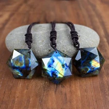 Natural Labradorite Hexagram Amulet Pendant Healing Energy Women Men Necklace