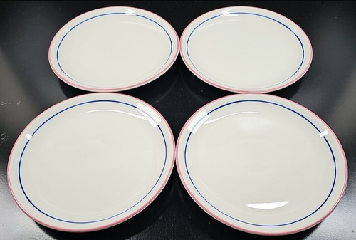 4 Buffalo China Oneida Pink Blue Bands Luncheon Plate Set Vintage Restaurant Lot - Picture 15 of 24