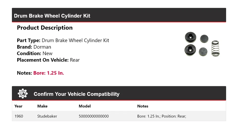 Задний комплект цилиндров колеса барабанного тормоза для 1960 Studebaker 5E13 Dorman - Изображение 2 из 4
