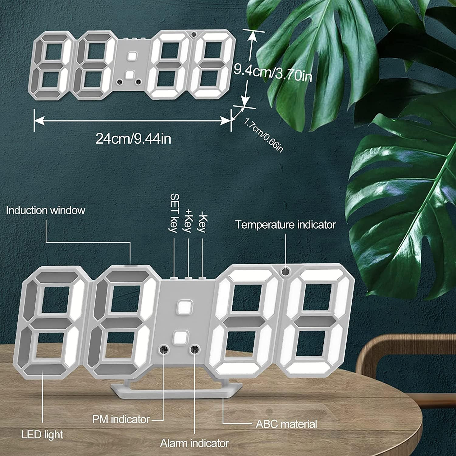 3D LED Digital Wall Clock, 9.5" Desk Alarm Clock, with 3 Adjust Brightness Level