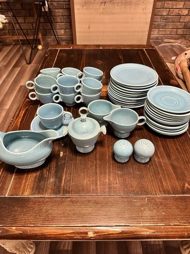 44PC Vintage Fiesta Ware turquoise Ceramic Dinner Set Plates Bowls Cups