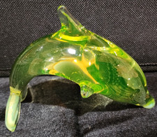 Vintage Rare Gibson Glass Vaseline Uranium Dolphin Figurine in Leaping Arc