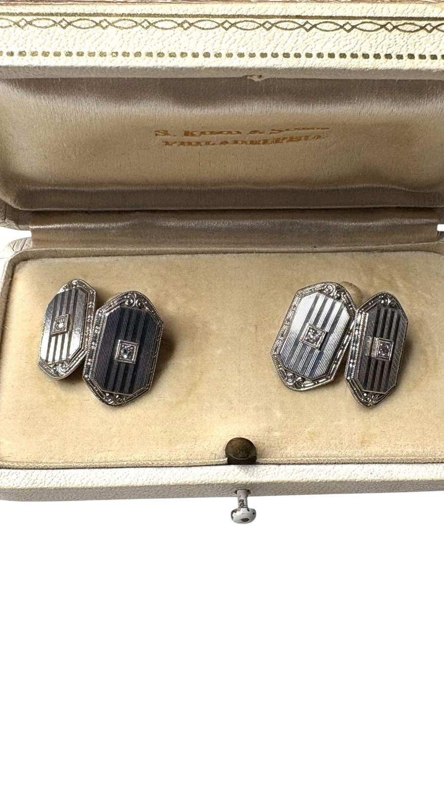Excellent Art Deco Antique Diamond 14K White Gold Cufflinks 8.47g Box Included