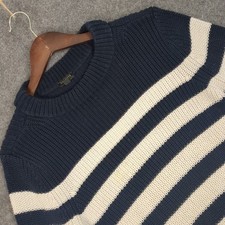 Talbots Petite Navy Blue Ivory Striped Chunky Ribbed Knit Crew Neck Sweater LP