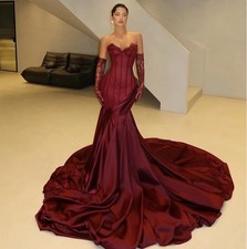 Burgundy Gorgeous Mermaid Prom Dress Lace Sleeves Royal Train Evening Dresses