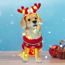 Christmas Golden Retriever with Reindeer Antlers Statue - Cute Sitting Dog Sc...