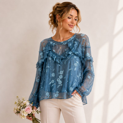 Indigo Thread Co Chiffon Top Women's Size XL Floral Embroidered Blue Cottage