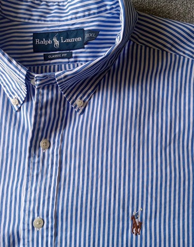 Polo Ralph Lauren Shirt Men's 2XL Blue Striped Classic Fit Flesh Pony EUC - Picture 2 of 11