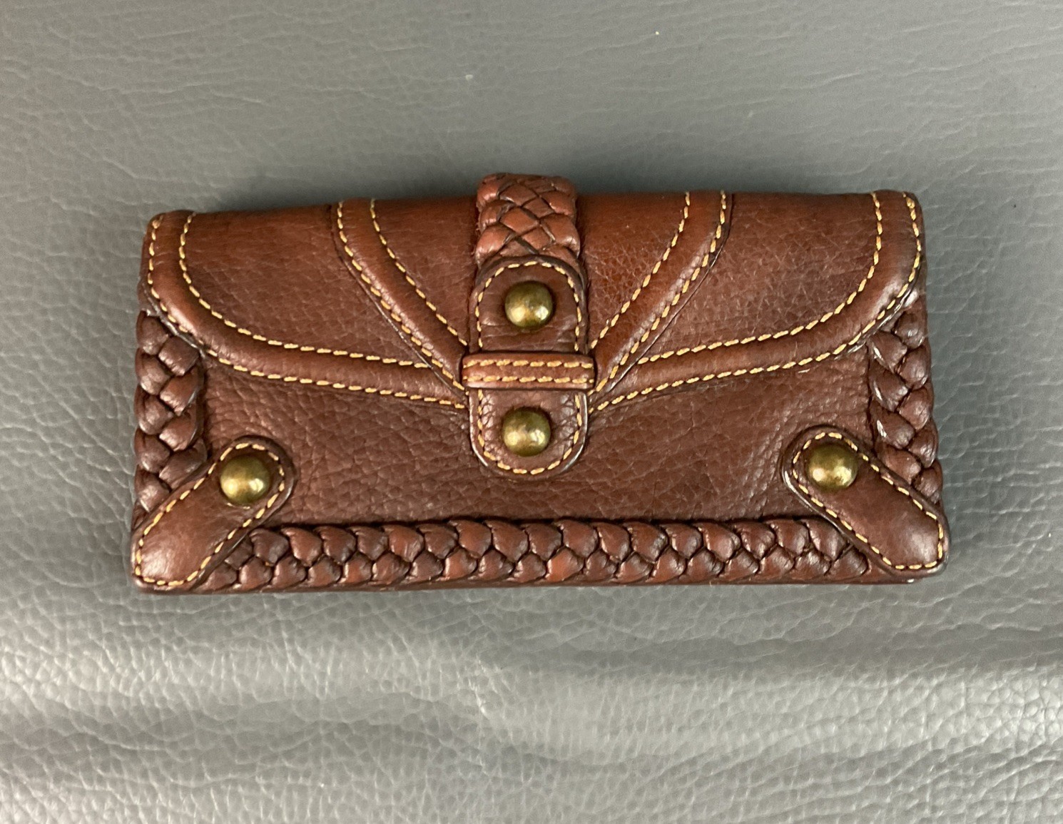 Isabella Fiore Brown Leather Studded Whipstitch Braided Clutch