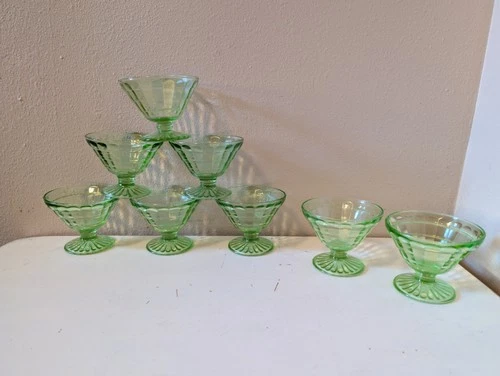 Vintage Uranium Green Depression Glass Sherbet Bowls set of 8, Block Optic
