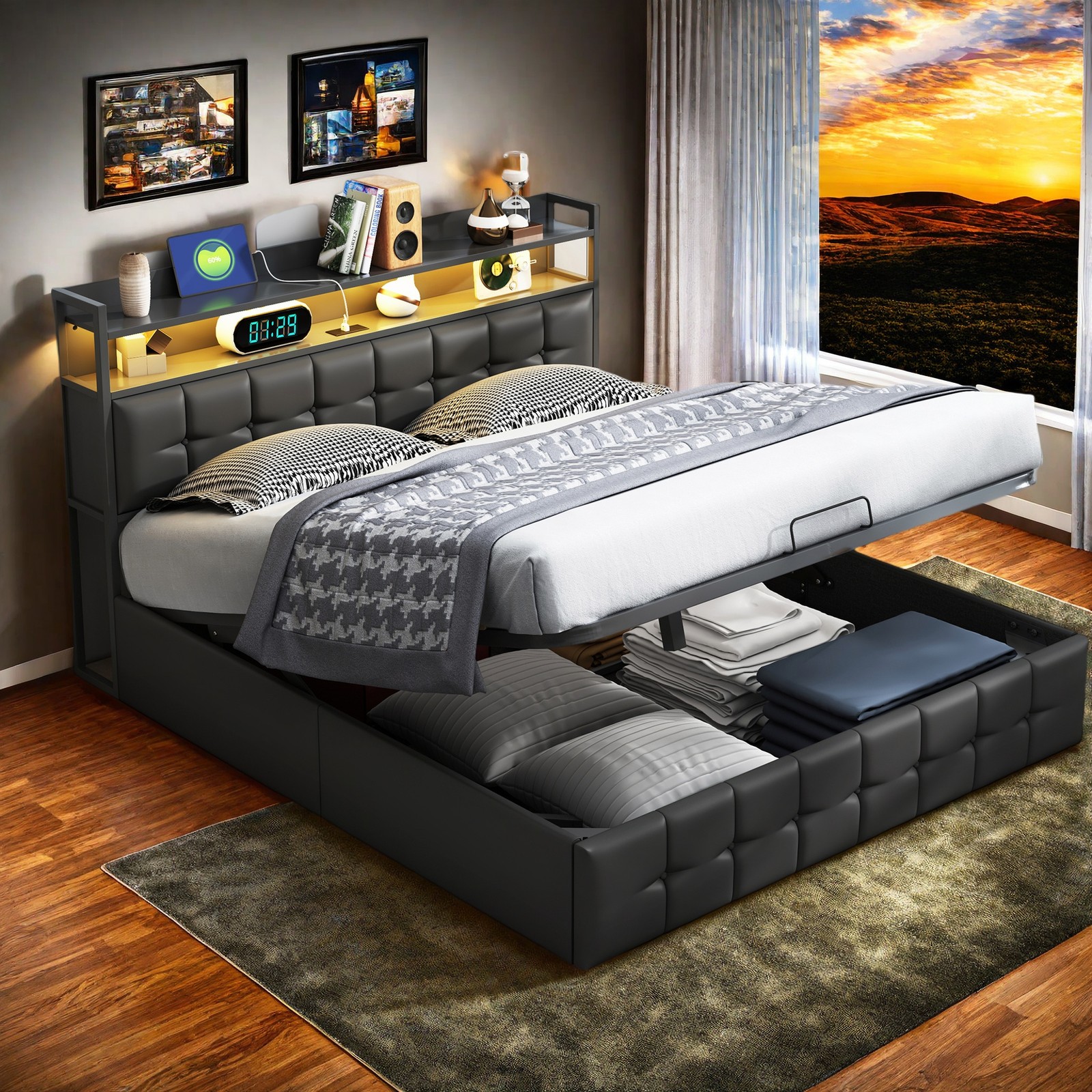 Polsterbett Boxspringbett 140x200 mit LED,USB-Ladegerät mit Stauraum Lattenrost