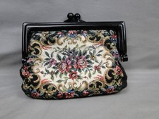 Vintage Kiss Lock Needlepoint Tapestry Coin Purse Floral Black