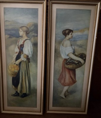 Pair Vintage Pierre-Auguste Renoir Framed Prints Girl Basket of Oranges & Fish