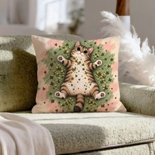 Funny Cat Pillow Cover - Catnip Aftermath Decor with Dinner Plate Pupils
