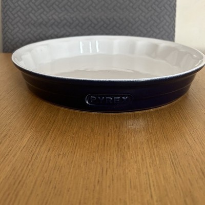 Pyrex dunkelblau Keramik Tortenform geriffelter Rand 27,5 x 4,5 cm Vintage Ofengeschirr
