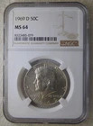 1969 D Kennedy 50C Silver Half Dollar, NGC MS64, NICE COIN, SWEET!