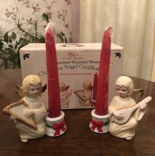 Para Vintage Whitney Angel Muzycy Świeczniki i świece Bisque Boże Narodzenie Stalówka