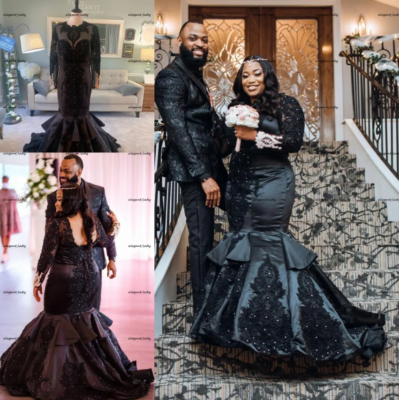 Black Gothic Mermaid Wedding Dresses With Long Sleeves Beading Pearls  Applique | eBay