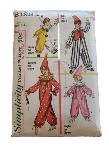 Vintage 1965 Simplicity Pattern 6198 Happy Bubbles Jingles Bobo Clown L 12-14
