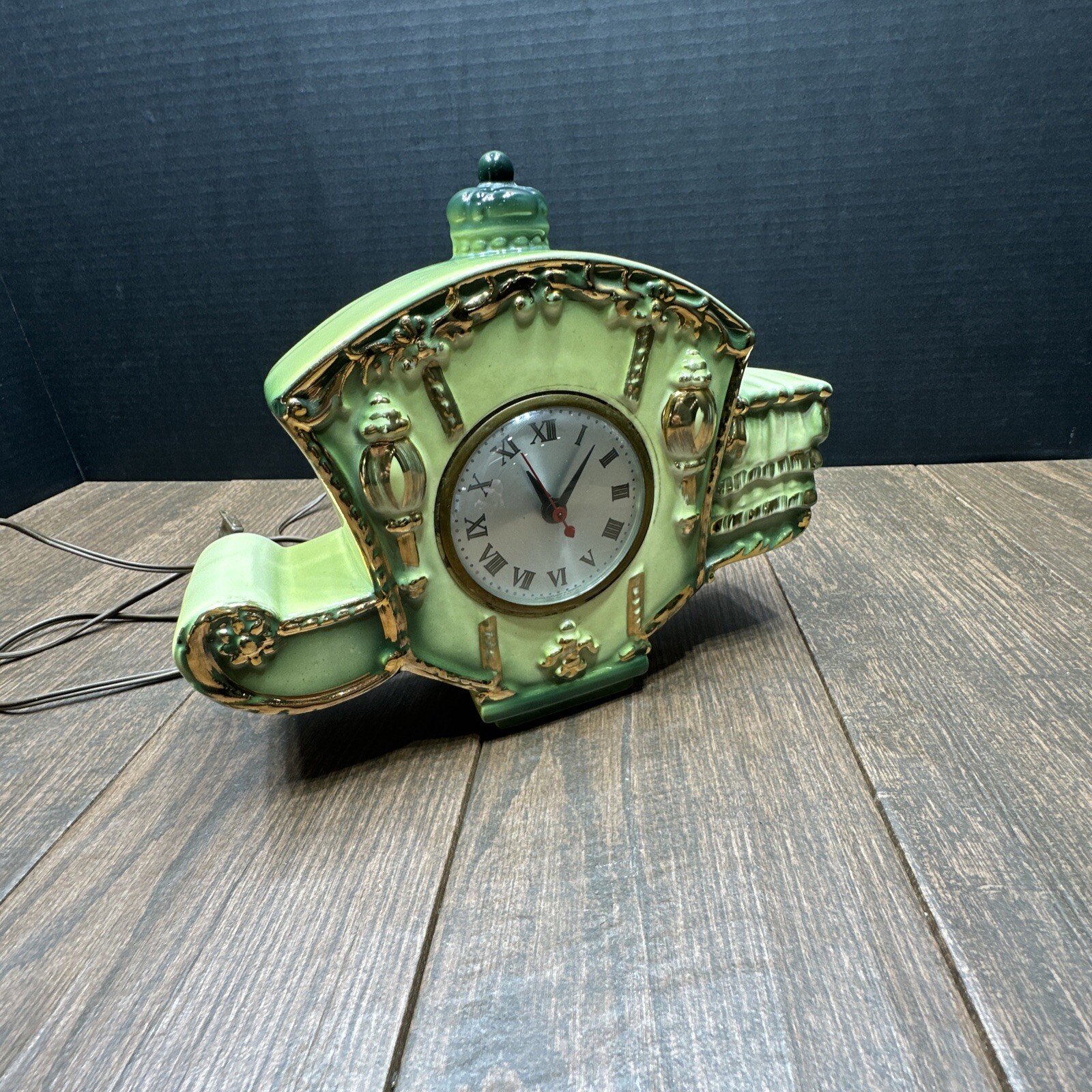 Antique SESSIONS CARRIAGE CLOCK, Green and Gold Ceramic WORKING