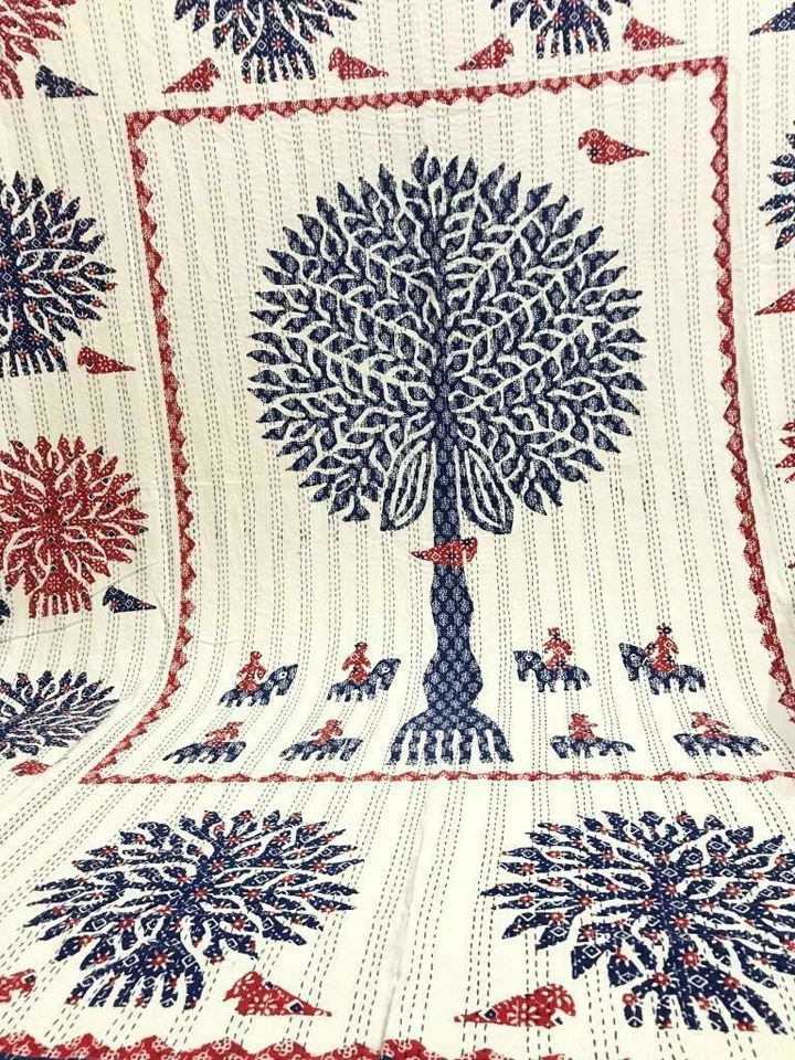 TREE OF LIFE KANTHA QUILT BEDSPREAD COTTON HANDMADE INDIAN BLANKET KING SIZE - Image 4 of 4