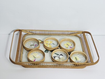 Pressed Butterfly & Bamboo Rectangle Serving Tray /6 Matching Coasters