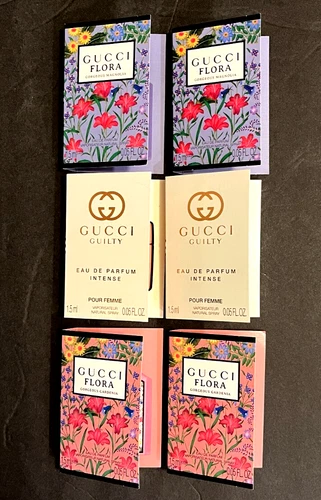 GUCCI FLORA GORGEOUS/GUILTY SPRAY PERFUME SAMPLE SET of 6, TRAVEL SIZE .05 OUNCE